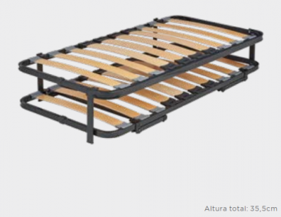 Estrado de cama articulado com ripas de madeira e estrutura metálica preta