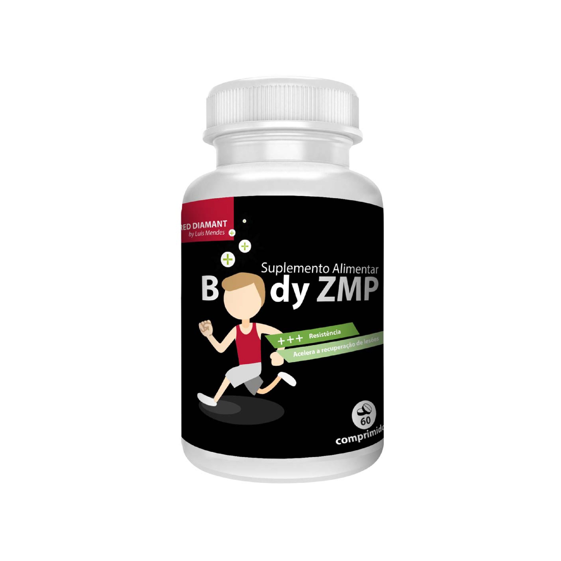 Body Zmp Frasco branco de suplemento alimentar Body ZMP com rótulo preto e desenho de corredor
