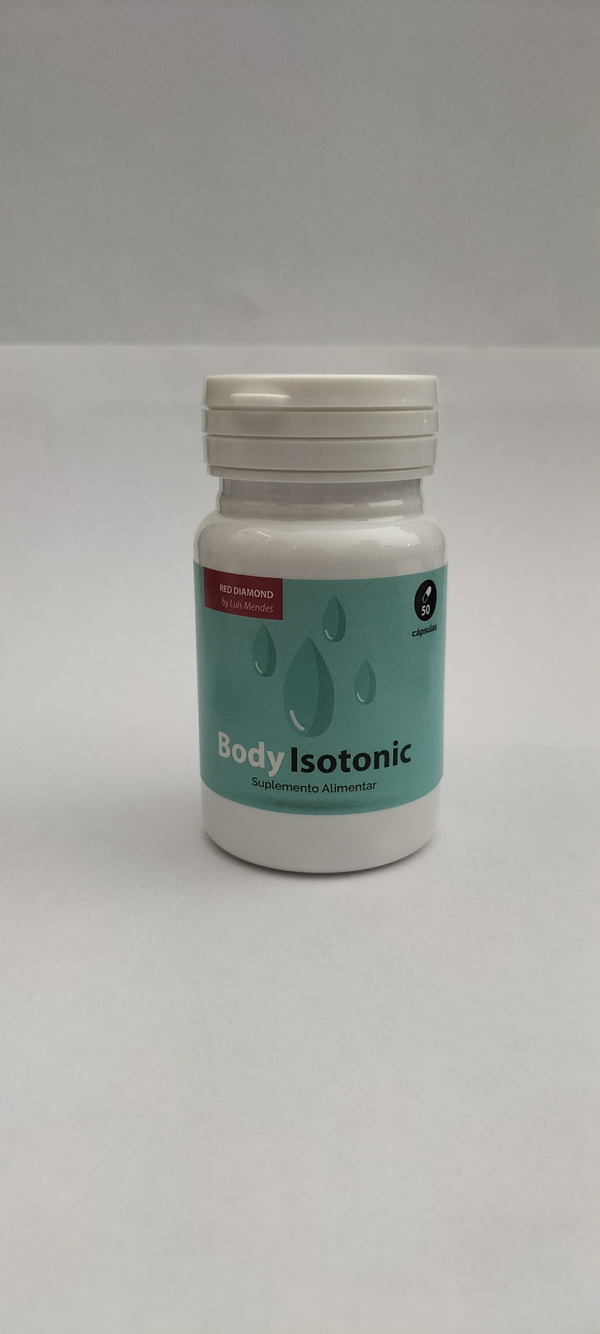 Body Isotonic frasco de suplemento alimentar Body Isotonic com rótulo azul e gotas de água