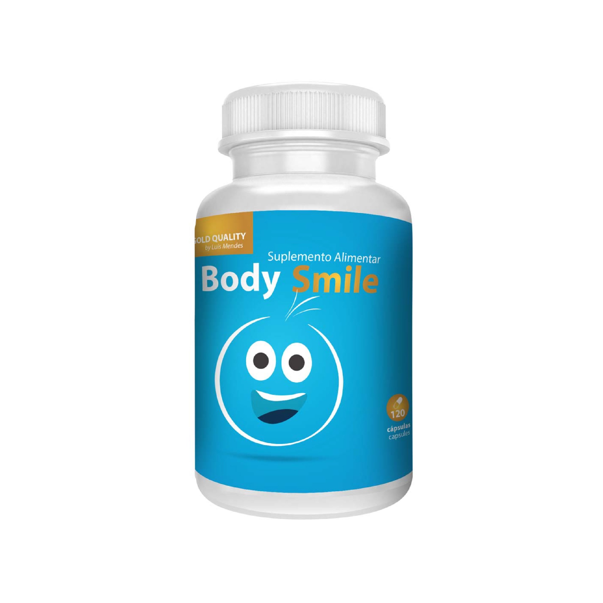 Body Smile frasco de suplemento alimentar Body Smile com rótulo azul e carinha sorridente