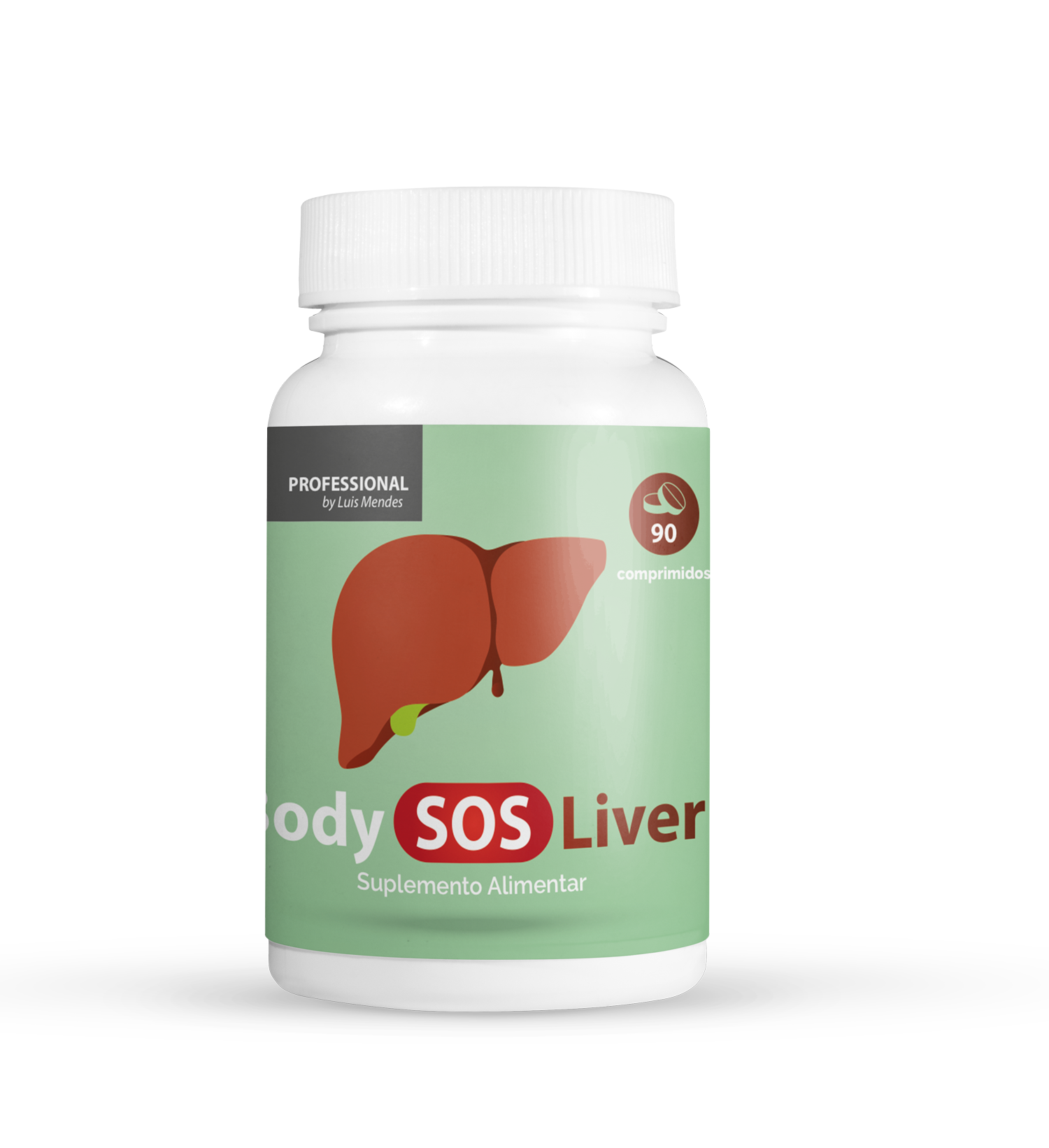 Body Sos Liver Frasco branco de suplemento alimentar Body SOS Liver com imagem de fígado