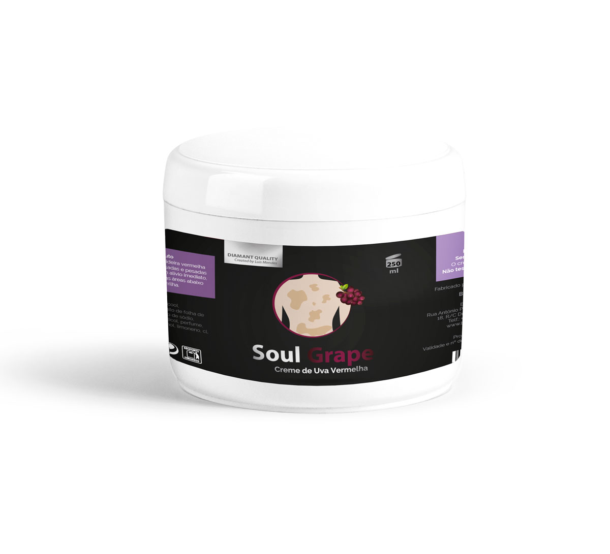 Soul Grape Frasco branco de creme Soul Grape com rótulo preto e roxo e imagem de uvas