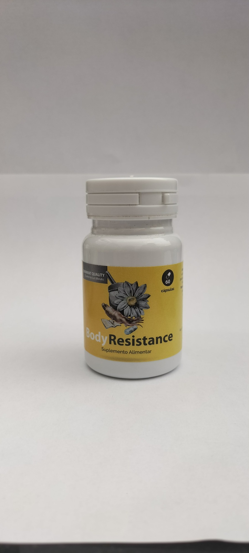 Body Resistance Frasco branco de suplemento alimentar Body Resistance com rótulo amarelo