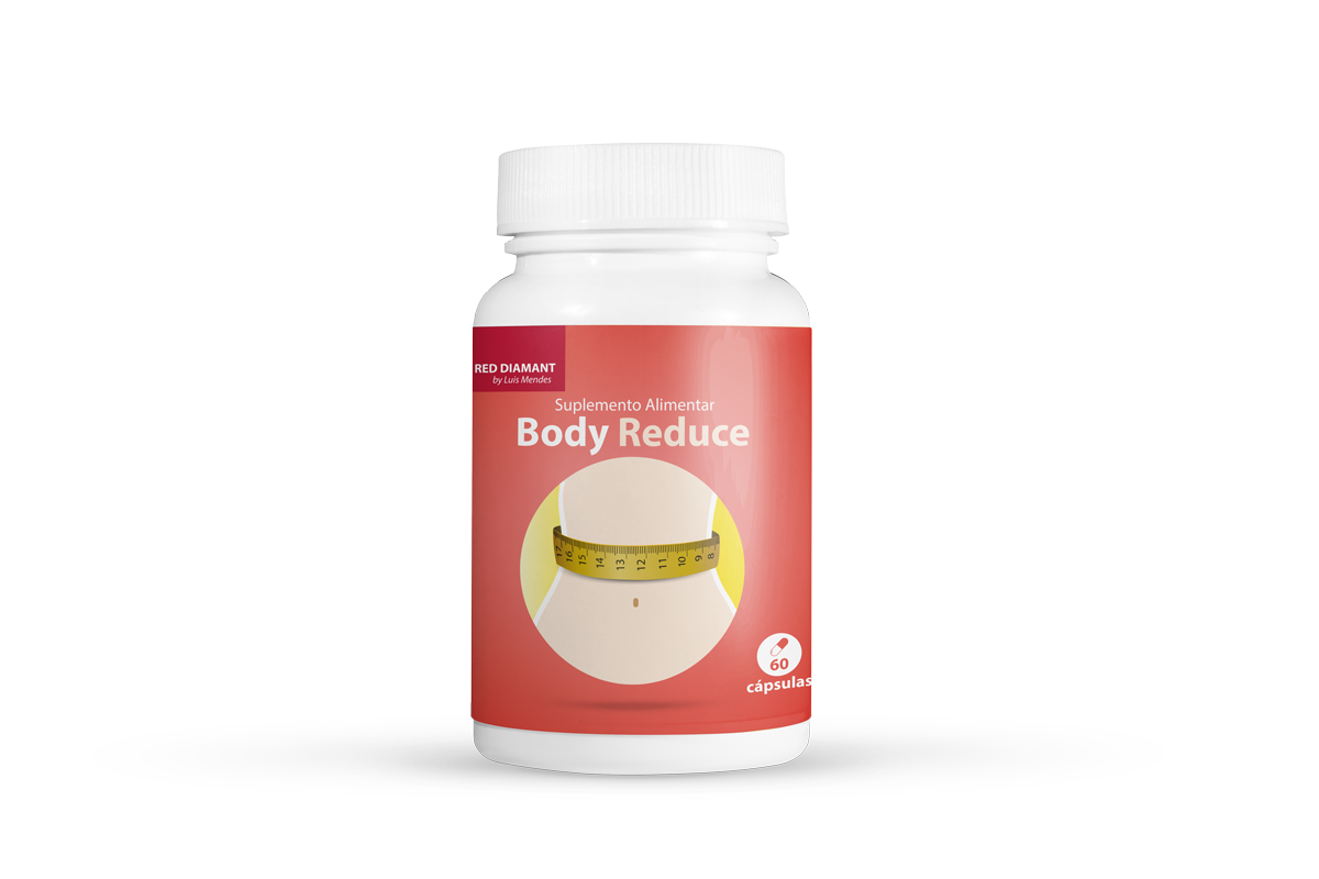 Body Reduce Frasco de suplemento Body Reduce com rótulo cor de salmão e imagem de fita métrica amarela