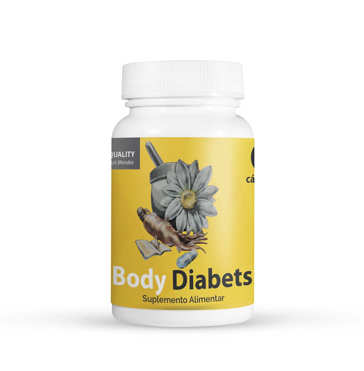 Body Diabets Suplemento alimentar Body Diabets com rótulo amarelo e imagens naturais