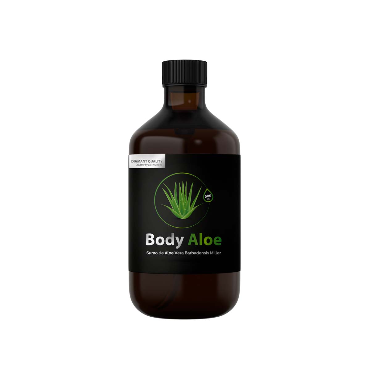 Body Aloe Frasco de plástico castanho com rótulo preto e tampa preta