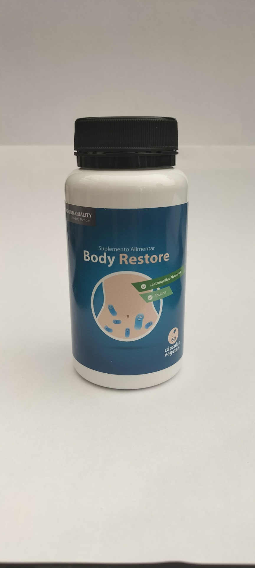 Body Restore Frasco de suplemento alimentar Body Restore com rótulo azul e tampa preta