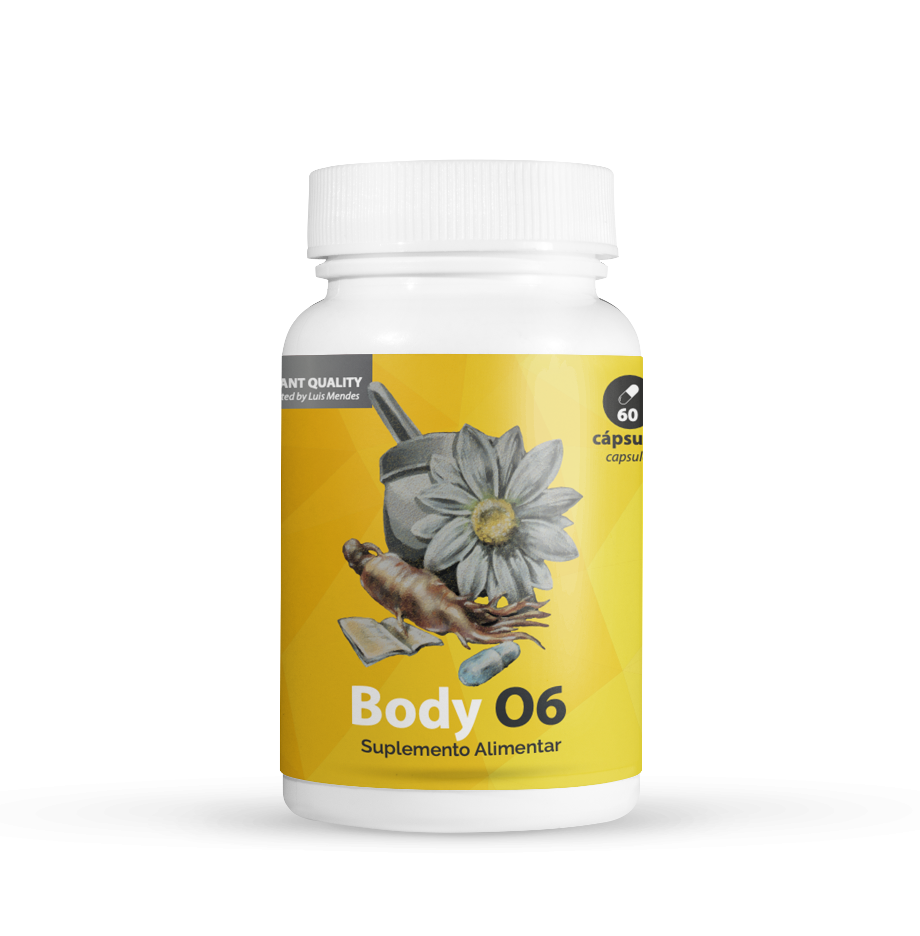 Body O6 Frasco branco de suplemento alimentar Body O6 com etiqueta amarela e imagem de flor