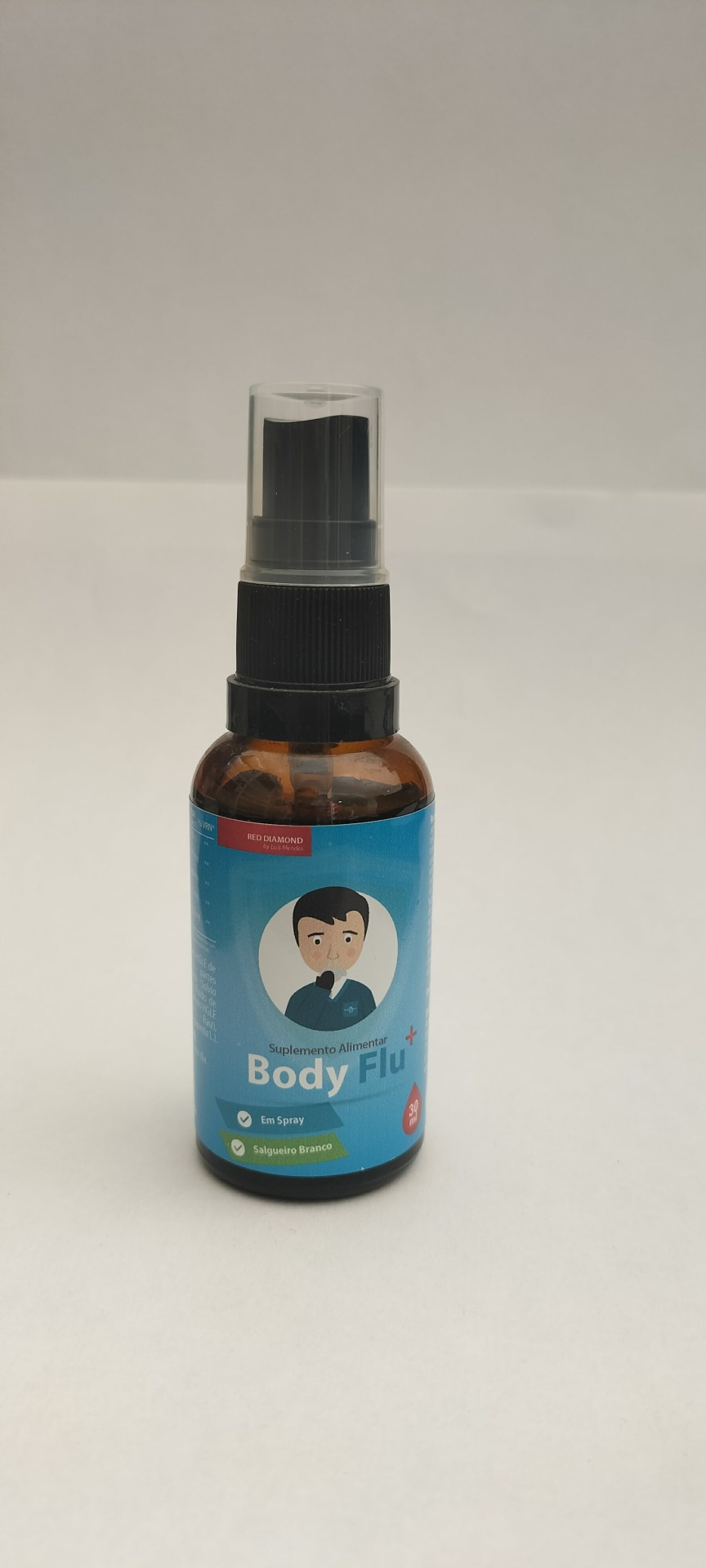 Body Flu Frasco de suplemento alimentar Body Flu com rótulo azul e tampa preta.