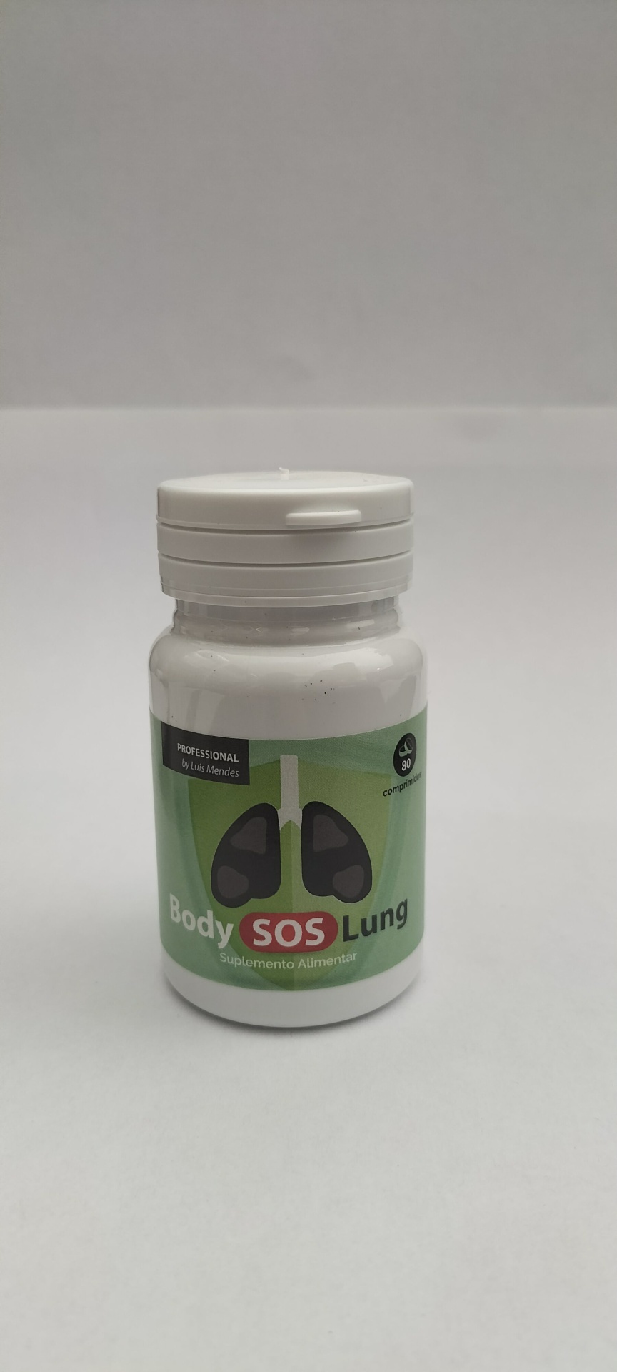 Body Sos Lung Frasco branco de suplemento Body SOS Lung com rótulo verde e ilustração de pulmões.