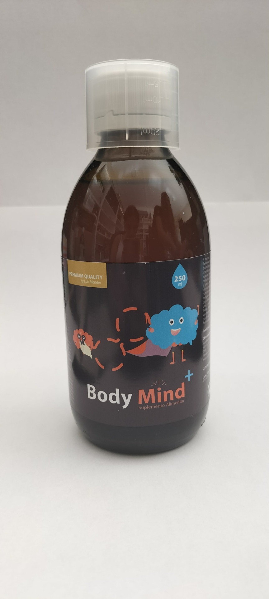 Body Mind Frasco de suplemento alimentar Body Mind com rótulo preto e ilustrações coloridas