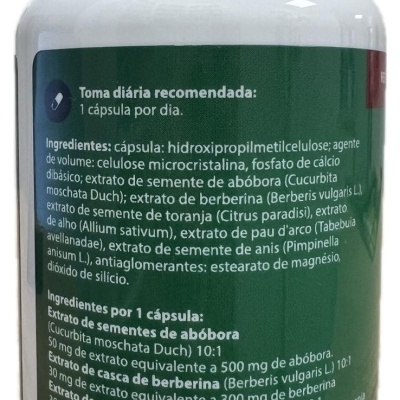 Frasco branco com rótulo verde e texto informativo sobre cápsulas naturais