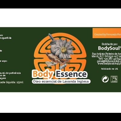 Etiqueta verde escura com logótipo Body Essence e imagem de flor