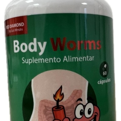 frasco de suplemento alimentar Body Worms com rótulo verde, verme ilustrado segurando pavio aceso e imagem do intestino