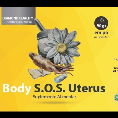 Embalagem amarela do suplemento Body S.O.S. Uterus com imagem de flor branca e mãos, texto informativo e peso 90g