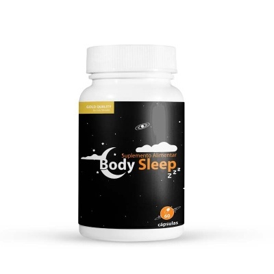 Frasco branco de suplemento Body Sleep com rótulo preto e laranja.