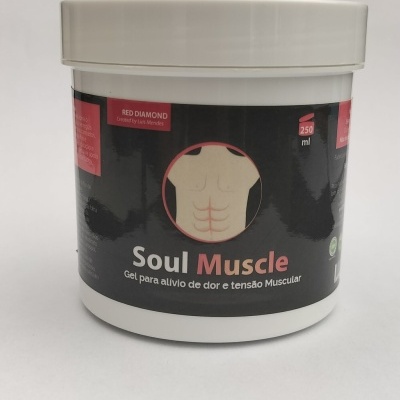 Frasco branco de gel para alívio muscular Soul Muscle com etiqueta preta, vermelho e branco.