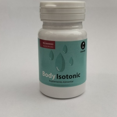 frasco de suplemento alimentar Body Isotonic com rótulo azul e gotas de água