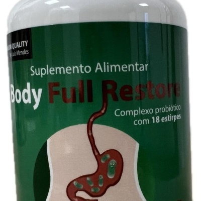 Frasco de suplemento alimentar Body Full Restore com rótulo verde