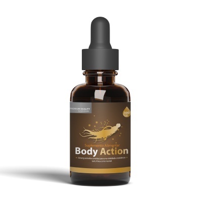 Frasco de suplemento alimentar Body Action com conta-gotas