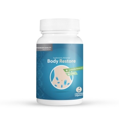 Frasco branco de suplemento Body Restore com rótulo azul e texto informativo
