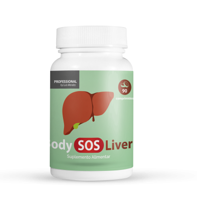 Frasco branco de suplemento alimentar Body SOS Liver com imagem de fígado