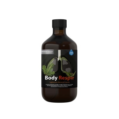 Frasco de suplemento alimentar Body Respir com selo Premium Quality e capacidade de 250 ml