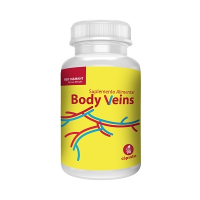 frasco branco de suplemento alimentar Body Veins com rótulo amarelo e ilustrações de veias
