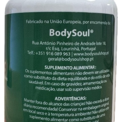 Frasco branco com tampa contendo suplemento alimentar BodySoul com rótulo verde e branco