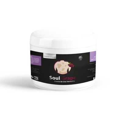 Frasco branco de creme Soul Grape com rótulo preto e roxo e imagem de uvas