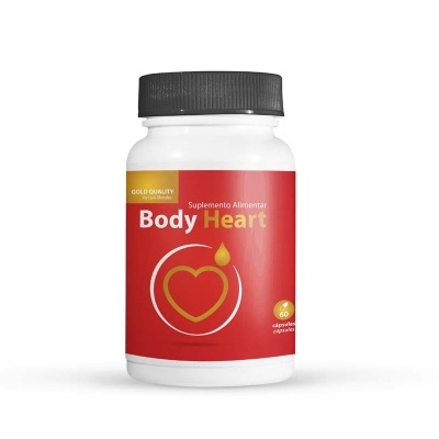 Frasco de suplemento alimentar Body Heart com rótulo vermelho e coração dourado