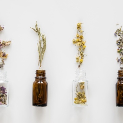 Quatro pequenos frascos com flores secas saindo, sobre fundo branco