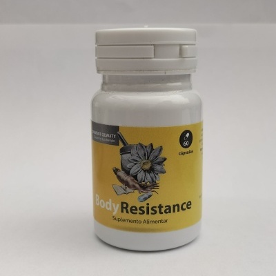 Frasco branco de suplemento alimentar Body Resistance com rótulo amarelo