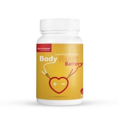 Frasco branco com rótulo amarelo de suplemento Body Heart Battery