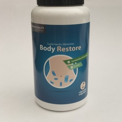 Frasco de suplemento alimentar Body Restore com rótulo azul e tampa preta