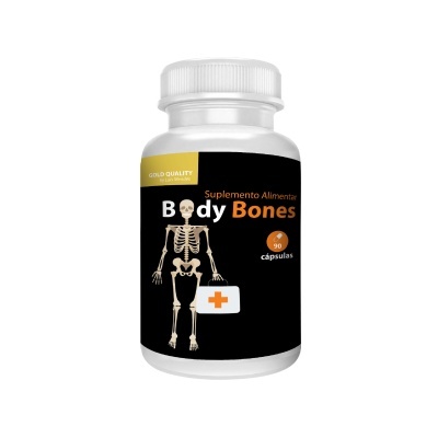 Frasco de suplemento alimentar Body Bones com imagem de esqueleto e mala com cruz