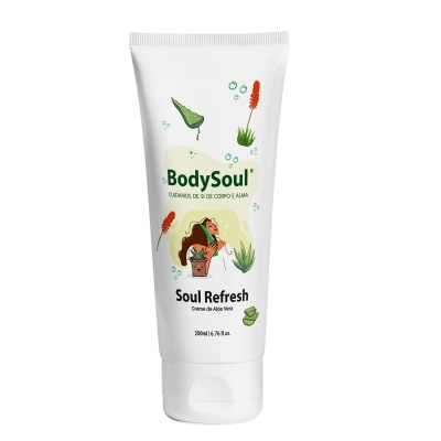 Frasco branco de creme Body Soul Soul Refresh com ilustrações de plantas