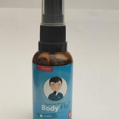 Frasco de suplemento alimentar Body Flu com rótulo azul e tampa preta.