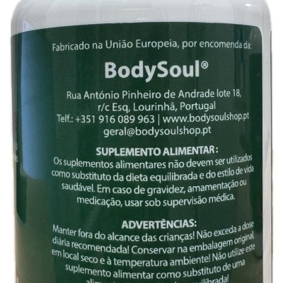 frasco branco com rótulo verde escuro de suplemento alimentar BodySoul