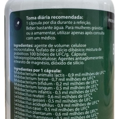 frasco branco de suplemento com cápsulas e etiqueta verde com texto técnico