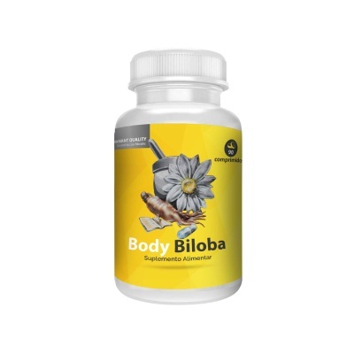 Frasco de suplemento Body Biloba com rótulo amarelo e texto preto