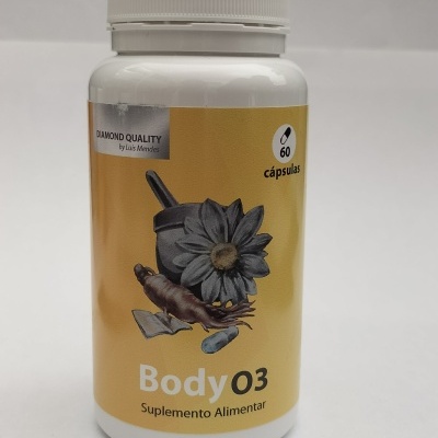 Frasco branco de suplemento alimentar Body O3 com rótulo amarelo e imagens de ingredientes naturais