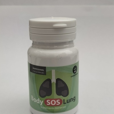 Frasco branco de suplemento Body SOS Lung com rótulo verde e ilustração de pulmões.