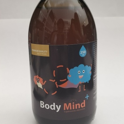 Frasco de suplemento alimentar Body Mind com rótulo preto e ilustrações coloridas