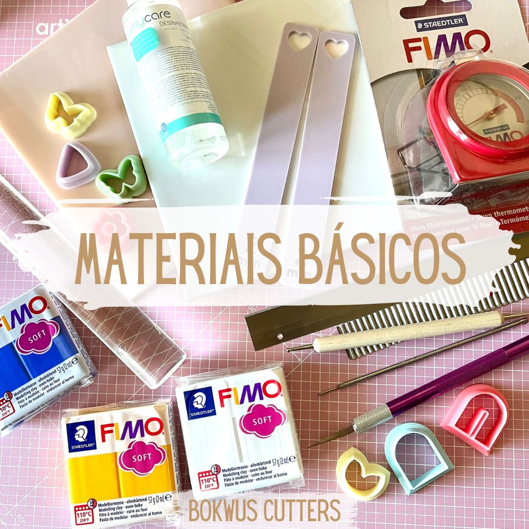 Materiais básicos para artesanato à mesa com massa FIMO e ferramentas diversas