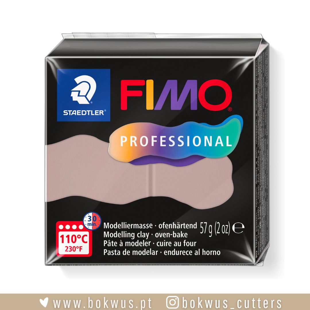 FIMO PROFISSIONAL | TAUPE / TOUPEIRA (REF.87) - 57g Embalagem preta de massa de modelar FIMO Professional 57g da Staedtler com informações de cozedura