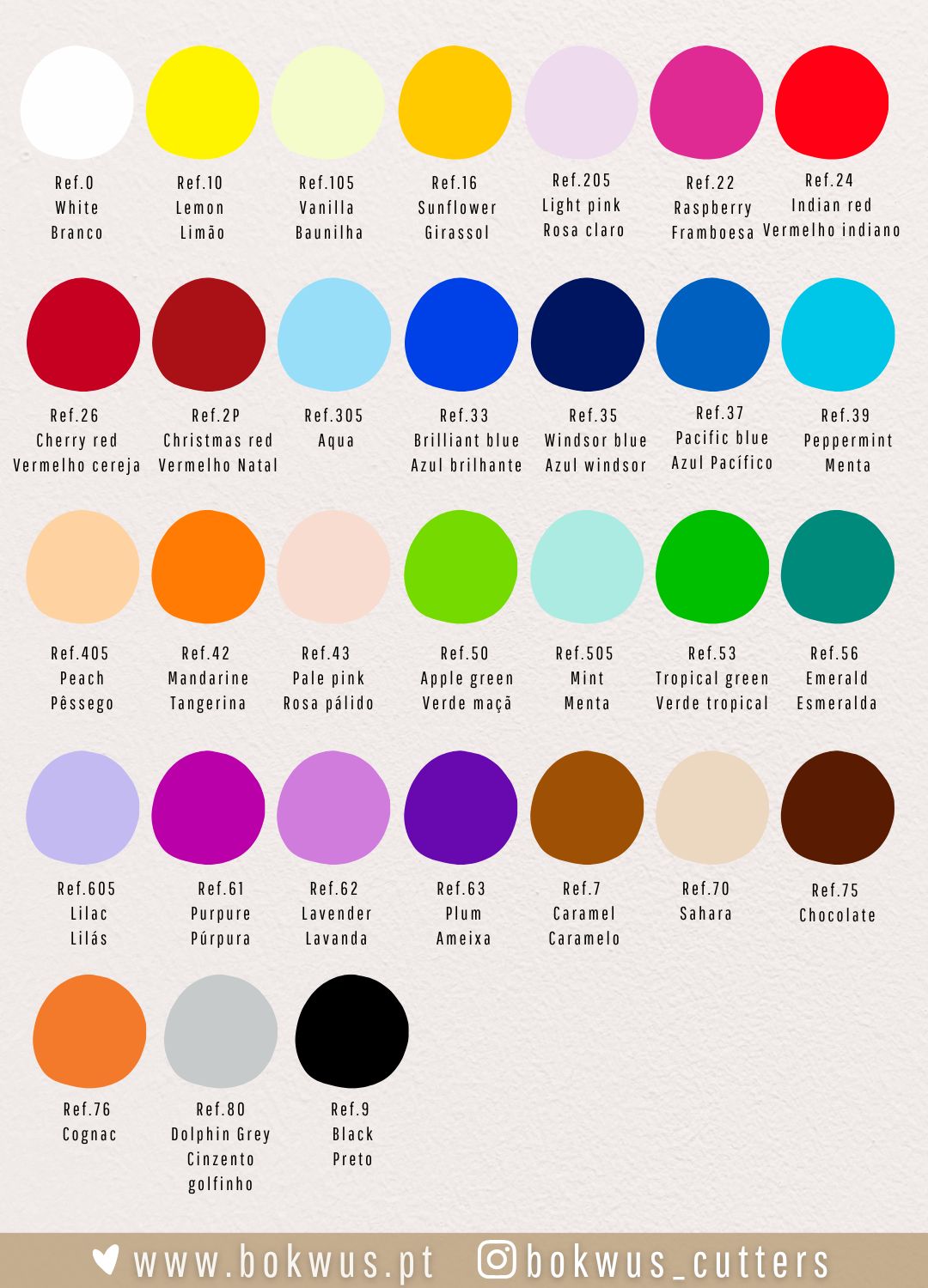 Paleta de cores com nomes e referências em português e inglês sobre fundo claro