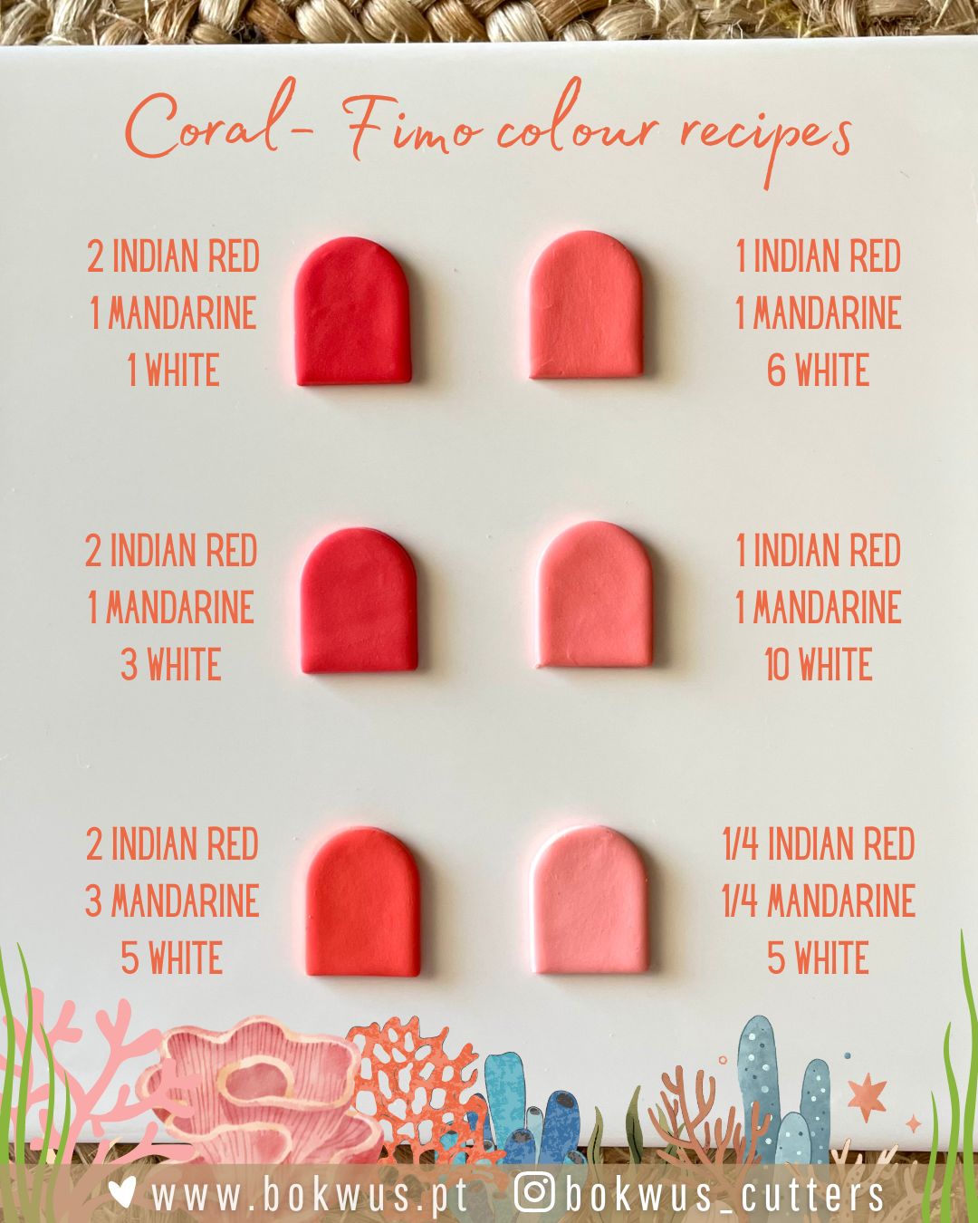 Mostruário de cores de Fimo para tom coral com blocos e texto descritivo