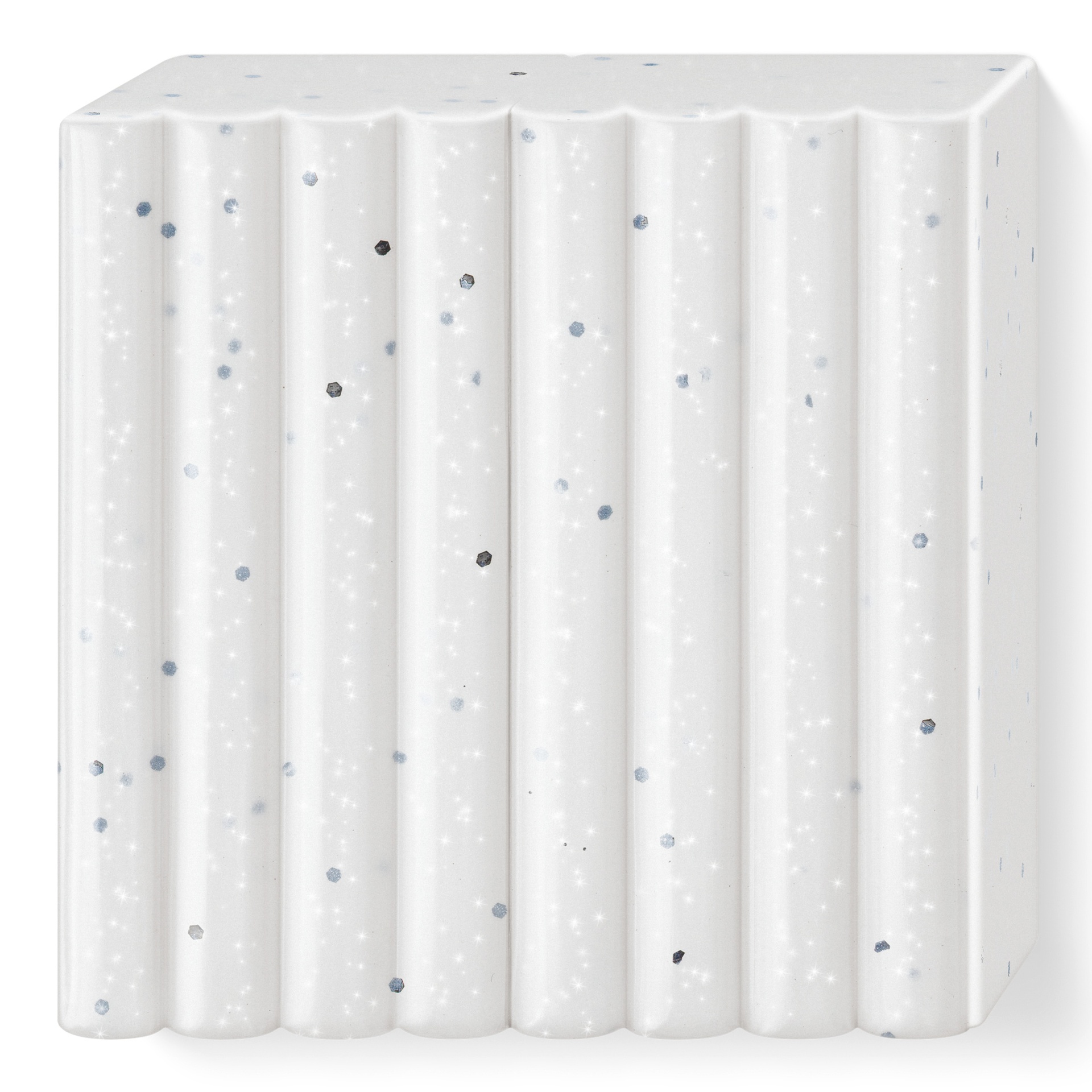 Vaso de cerâmica branco com padrão de pontos azuis e negros e relevo ondulado.