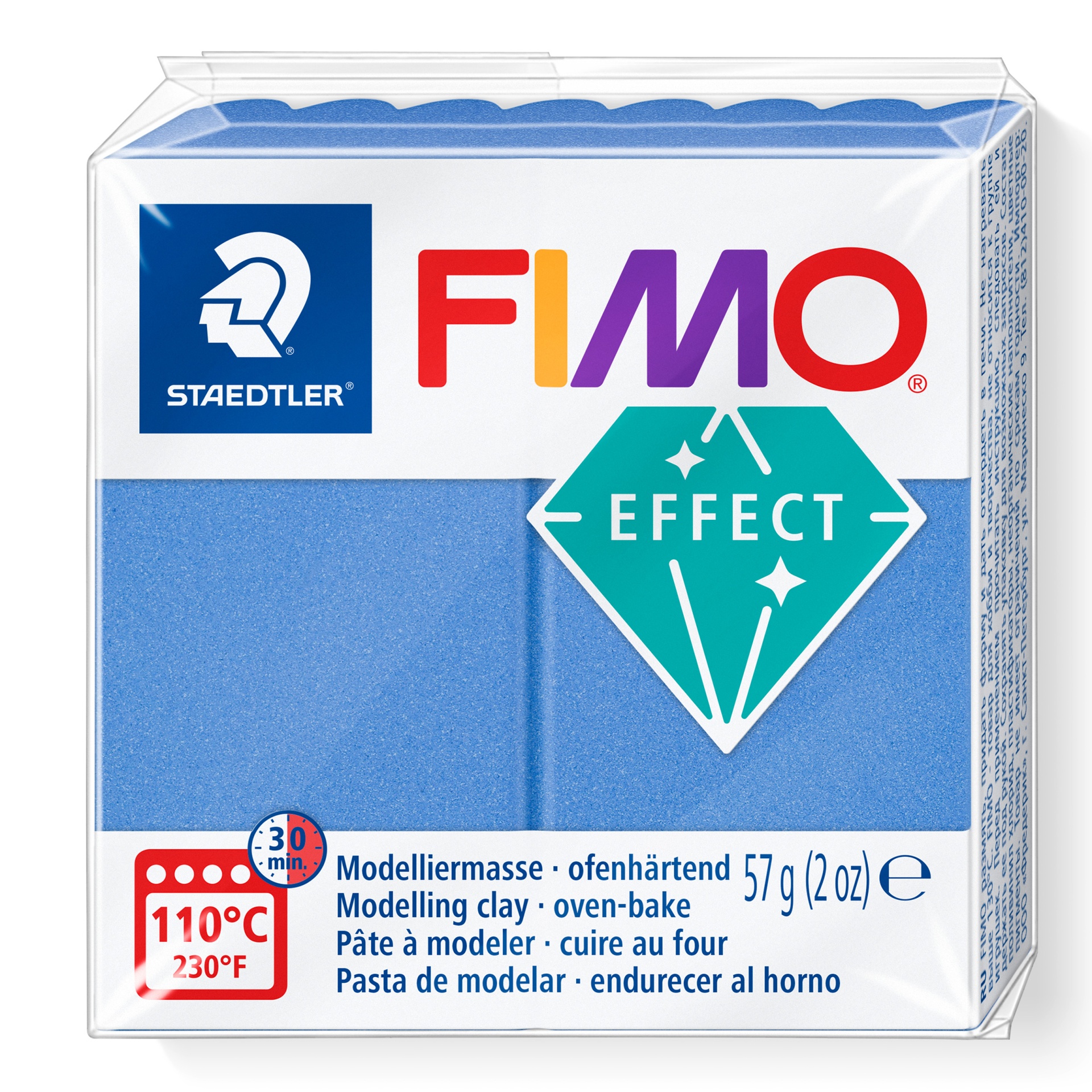 Pacote de massa de modelar FIMO Effect azul da STAEDTLER com informações de cozedura e peso